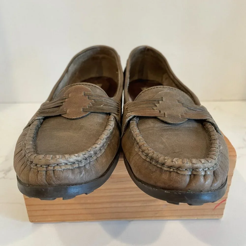 Vintage Candie’s Fastrack Pewter Olive Green Leather Chunky Loafers – Size 7M